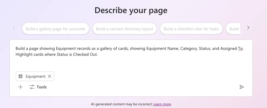 Describing the page prompt and linking the Equipment table in Power Apps
