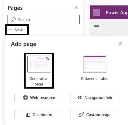 Selecting Generative page when adding a new page in model-driven app designer