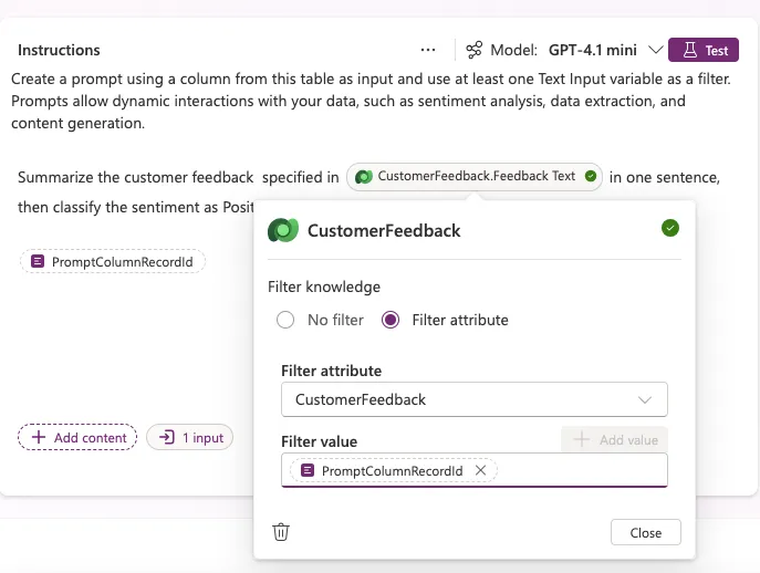 Creating a prompt column in Dataverse — adding content and the required input variable