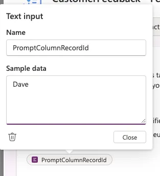 Testing a prompt column — setting a filter value and reviewing the model response